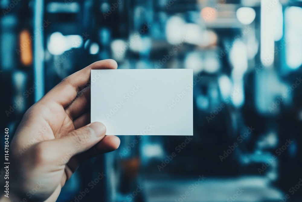 Hand holding blank white card with blurred factory background. Hand holding blank white card with blurred factory background.
