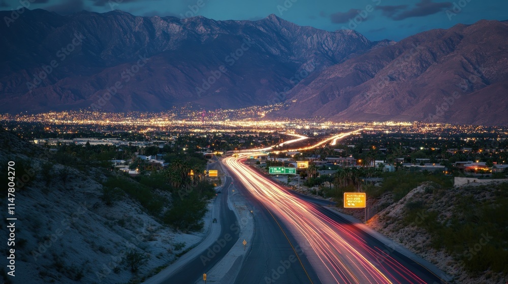 Fototapeta premium City lights and car trails in a valley with mountains at dusk.