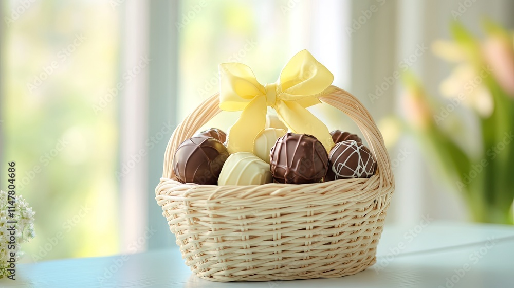 Easter Basket with Chocolate Eggs and Yellow Ribbon Decoration Easter Basket with Chocolate Eggs and Yellow Ribbon Decoration