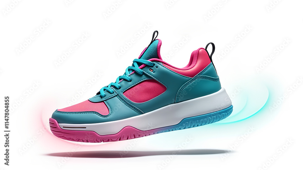 a flashy sneaker made of turqoise and pink leather with magic jumping sole floating above a white backdrop a flashy sneaker made of turqoise and pink leather with magic jumping sole floating above a white backdrop