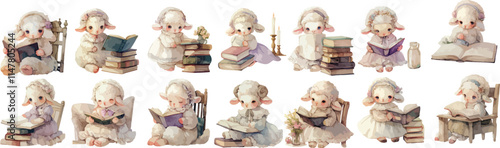 reading lamb watercolor clipart