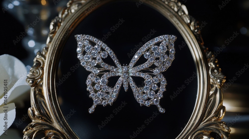 Obraz premium Elegant Silver Butterfly Brooch in Vintage Frame Display