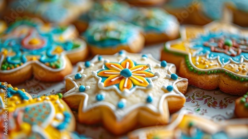 A close-up of an elaborate Eid cookie decorated with colorful icing on a soft surface. photo