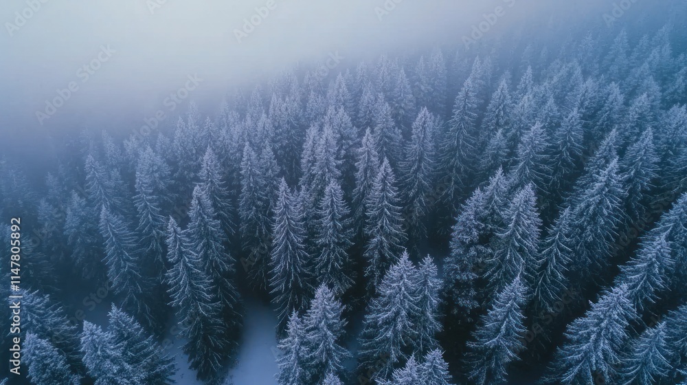 Foggy, frozen forest top view. Foggy, frozen forest top view.