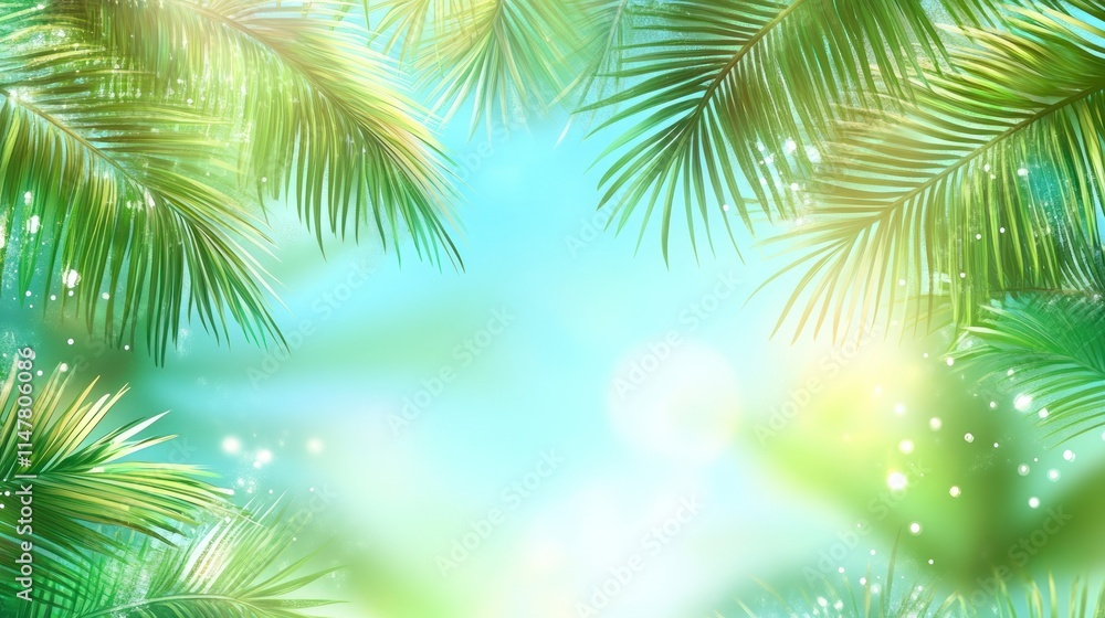 Bright palm leaves frame a sunny sky with bokeh. Bright palm leaves frame a sunny sky with bokeh.