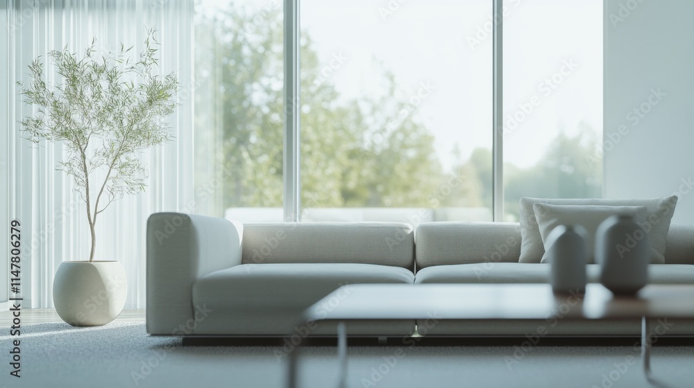 Fototapeta premium Minimalist modern living space with refined, stylish decor. Featuring clean lines and soft hues