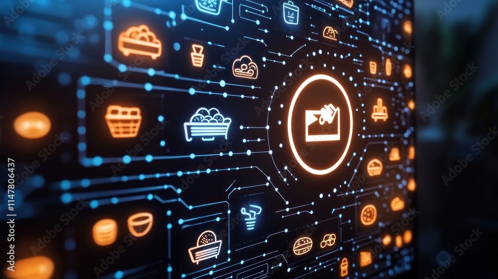 Glowing food icons on dark digital screen. Glowing food icons on dark digital screen.