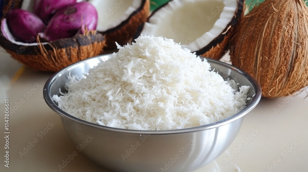 Fresh Grated Coconut with Purple Onions and Coconut Shells in Bowl Fresh Grated Coconut with Purple Onions and Coconut Shells in Bowl
