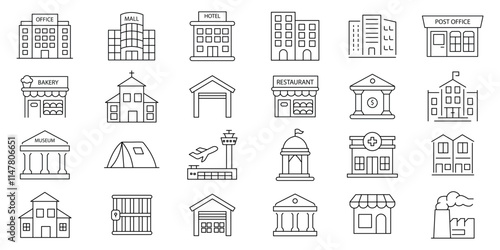 Buildings icon set. Containing Office, Hospital, Restaurant, Museum, School, Post office, Airport and more. editable stock thin outline icon collection .