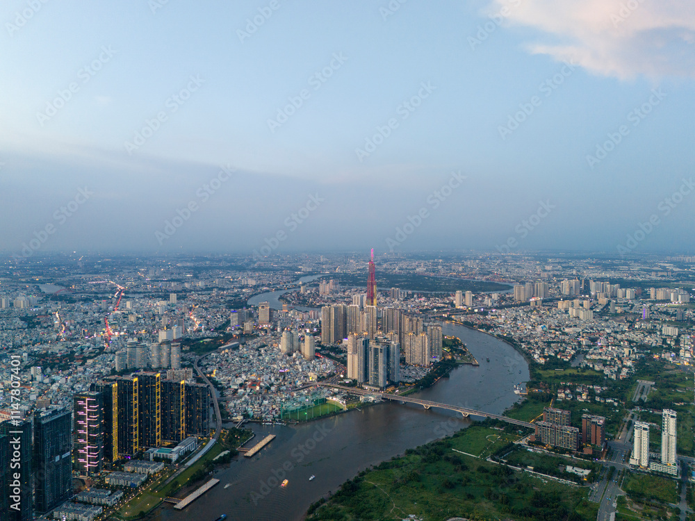 Fototapeta premium A city with a river running through it
