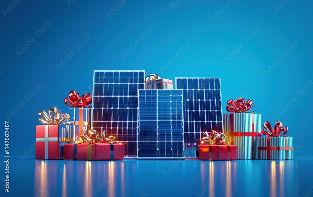 Solar panels with a stack of shiny Christmas presents in front, on a cool blue gradient background Solar panels with a stack of shiny Christmas presents in front, on a cool blue gradient background
