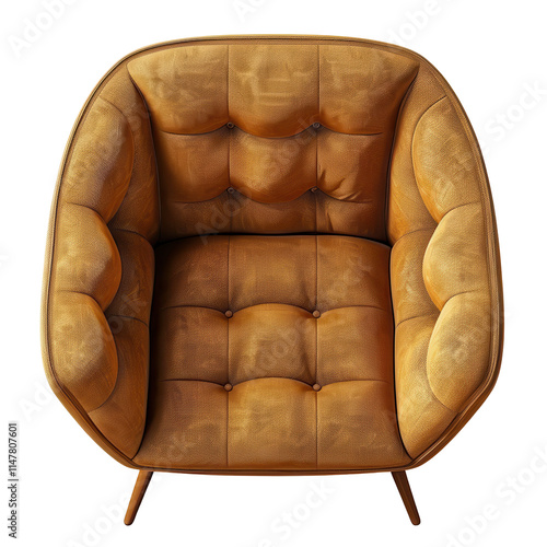 Top view of a 60's Stylish tufted armchair in warm tones.