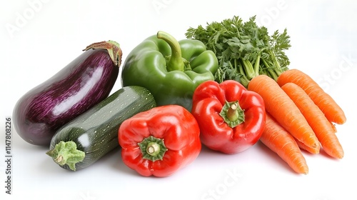 A visually striking composition of vibrant, freshly harvested vegetables, including red bell peppers, green zucchini, orange carrots, and deep purple eggplants arranged artfully on a solid white