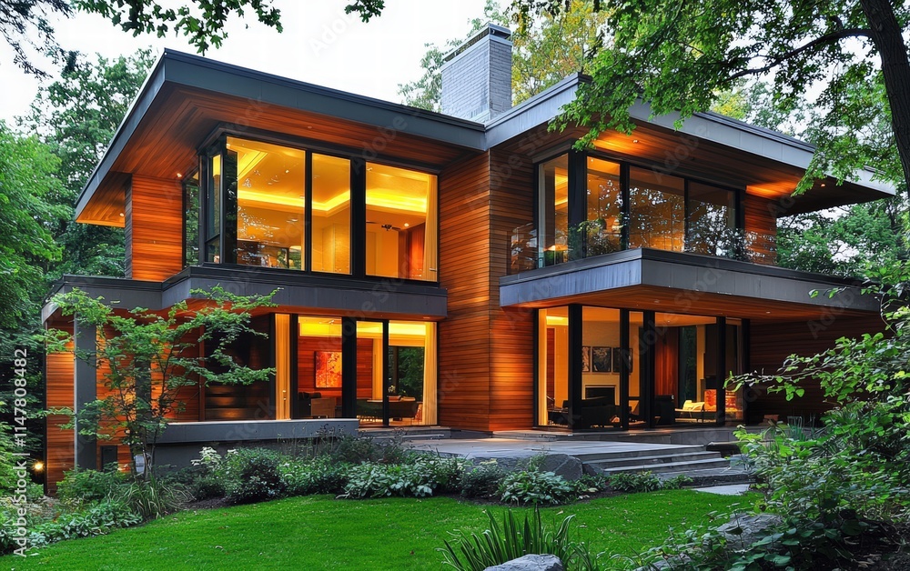 A contemporary house with minimalist architecture, sharp edges, and warm wooden paneling A contemporary house with minimalist architecture, sharp edges, and warm wooden paneling