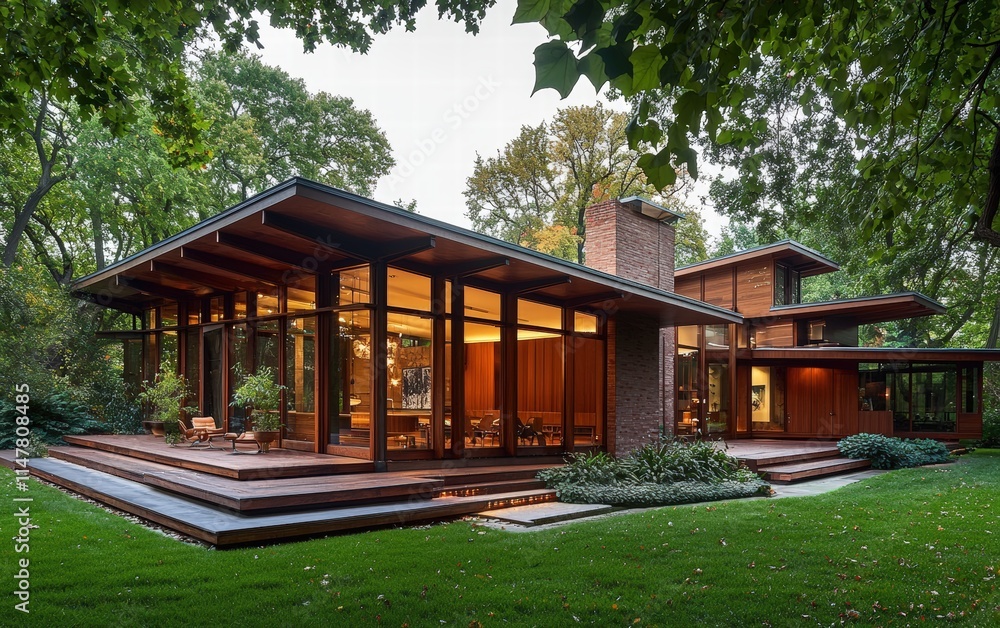 Naklejka premium A contemporary house with minimalist architecture, sharp edges, and warm wooden paneling