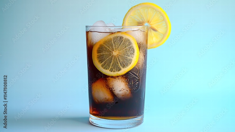 A pristine glass of iced tea filled with ice cubes, garnished with fresh lemon slices on the rim, positioned centrally against a vibrant solid color background that enhances the drinks refreshing A pristine glass of iced tea filled with ice cubes, garnished with fresh lemon slices on the rim, positioned centrally against a vibrant solid color background that enhances the drinks refreshing