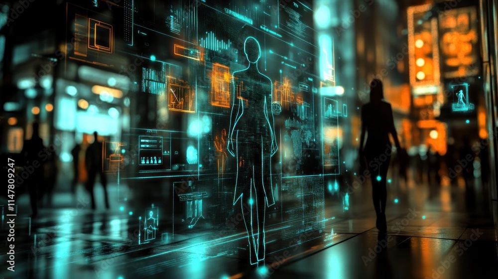 Futuristic display over city street, figures walking. Futuristic display over city street, figures walking.