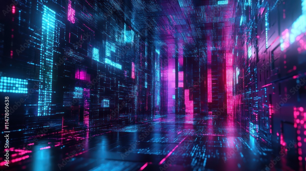 Fototapeta premium Neon Digital Corridor: A Journey Through Cyberspace