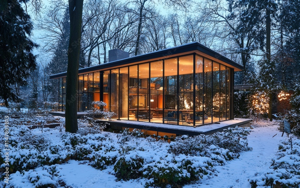 A glass-walled modern house surrounded by snow-covered greenery and glowing warmly in the evening light A glass-walled modern house surrounded by snow-covered greenery and glowing warmly in the evening light