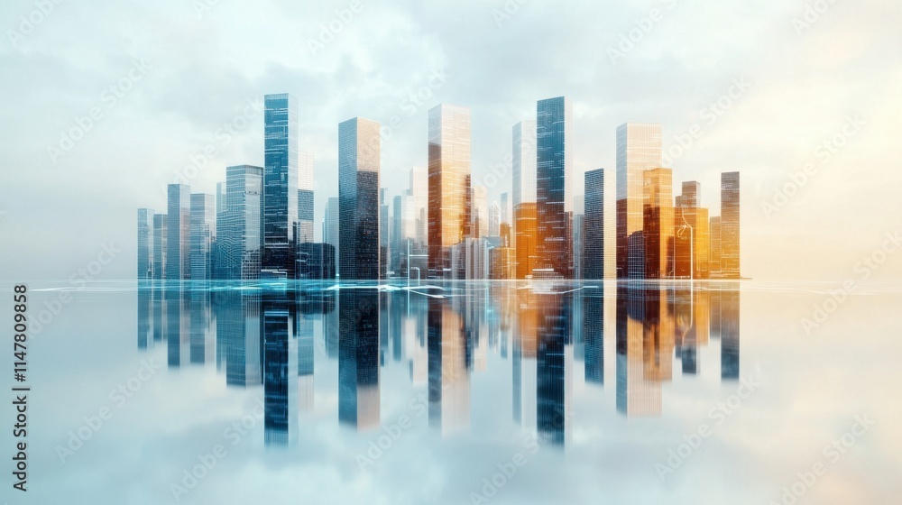 The towering office buildings in this futuristic environment are constructed with sleek, glass facades that reflect the bustling cityscape below The towering office buildings in this futuristic environment are constructed with sleek, glass facades that reflect the bustling cityscape below