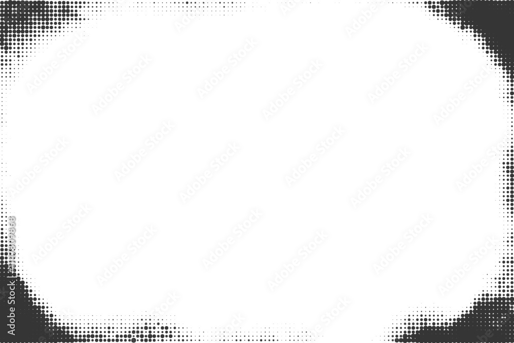 Halftone frame with gradient effect in corners. Textured grunge border with fade. Old dotted vintage vector abstract bg. Dark grainy decorative rectangle template Halftone frame with gradient effect in corners. Textured grunge border with fade. Old dotted vintage vector abstract bg. Dark grainy decorative rectangle template