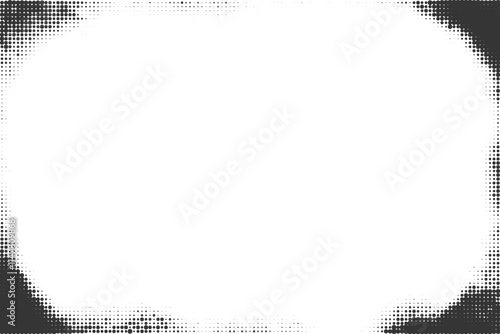 Halftone frame with gradient effect in corners. Textured grunge border with fade. Old dotted vintage vector abstract bg. Dark grainy decorative rectangle template