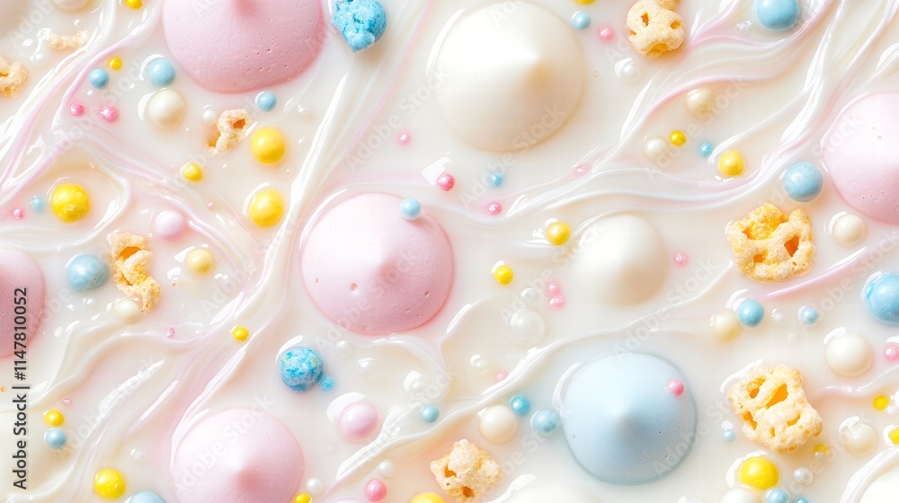 A close-up shot of a vibrant bowl of cereal submerged in creamy milk, showcasing the intricate details and textures of various cereal shapes and grains. The backdrop is a seamless solid color that A close-up shot of a vibrant bowl of cereal submerged in creamy milk, showcasing the intricate details and textures of various cereal shapes and grains. The backdrop is a seamless solid color that