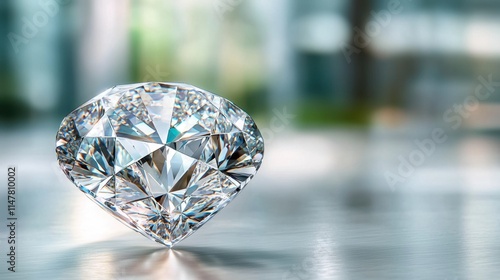 A brilliant, pristine diamond, with flawless facets and unparalleled clarity, glimmers brightly on a smooth, bright surface photo