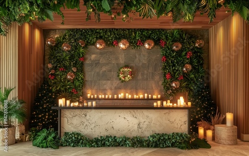 A holiday-themed reception desk in a spa surrounded by candles and greenery