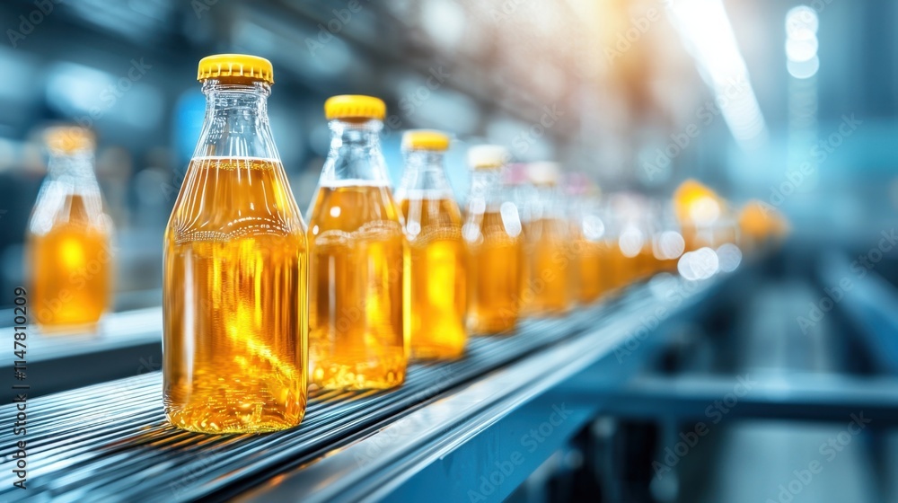 The beverage manufacturing process on the conveyor belt at the factory involves bottles being filled with liquid, capped, labeled, and then packaged for distribution. The beverage manufacturing process on the conveyor belt at the factory involves bottles being filled with liquid, capped, labeled, and then packaged for distribution.