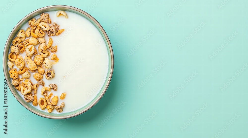 A minimalist arrangement featuring a bowl of cereal with milk, focusing on the unique textures and shapes of the cereal while framed by a solid color backdrop that draws attention to the dish. A minimalist arrangement featuring a bowl of cereal with milk, focusing on the unique textures and shapes of the cereal while framed by a solid color backdrop that draws attention to the dish.