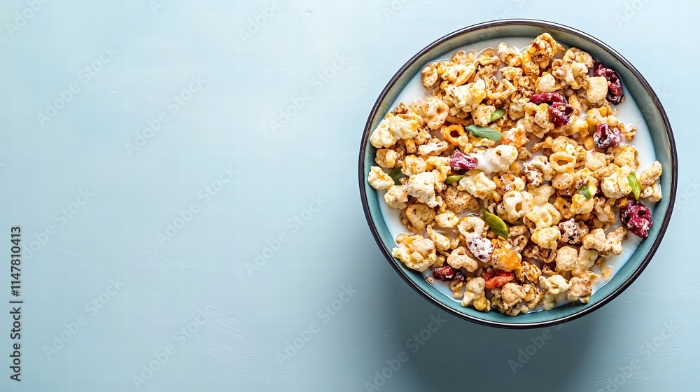 A dynamic overhead view of a bowl filled with an assortment of cereals drenched in milk, capturing the textures and varying colors of the cereal against a clean, solid colored background for a bold A dynamic overhead view of a bowl filled with an assortment of cereals drenched in milk, capturing the textures and varying colors of the cereal against a clean, solid colored background for a bold
