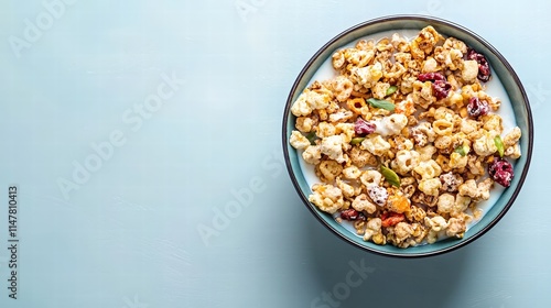 A dynamic overhead view of a bowl filled with an assortment of cereals drenched in milk, capturing the textures and varying colors of the cereal against a clean, solid colored background for a bold