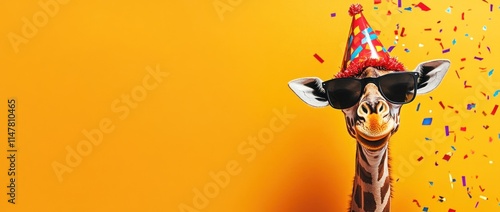 Giraffe wearing party hat and sunglasses, with confetti. photo