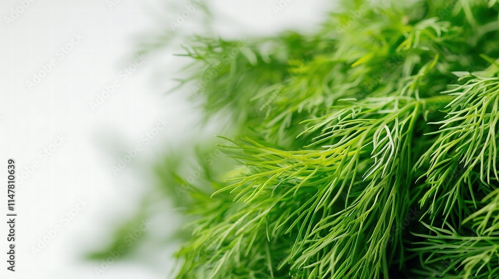 A close-up of lush dill sprigs, radiating freshness with their feathery leaves and subtle fragrance, perfectly isolated against a clean white backdrop. The lighting captures the intricate details and A close-up of lush dill sprigs, radiating freshness with their feathery leaves and subtle fragrance, perfectly isolated against a clean white backdrop. The lighting captures the intricate details and