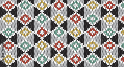 Black and grey geometric with retro knitted design, Festive Sweater Design. Seamless Knitted Pattern