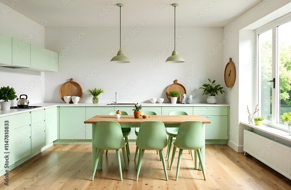 Fototapeta premium Green Empty wooden table with the bright white interior of the kitchen. Selective focus.