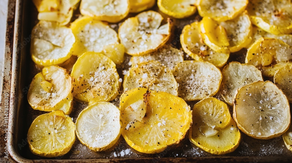 Sliced Yellow Lemons Baked with Seasoning on a Metal Baking Tray Sliced Yellow Lemons Baked with Seasoning on a Metal Baking Tray