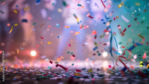 Colorful Confetti Explosion with Bokeh Background and Festive Lighting photo