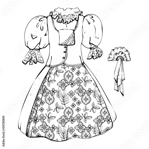 Traditional dress skirt apron, puff blouse vest of Tyrol, South American female fashion, floral pattern embroidery. Hand drawn ink vector isolated illustration. Design travel, vacation, brochure, shop