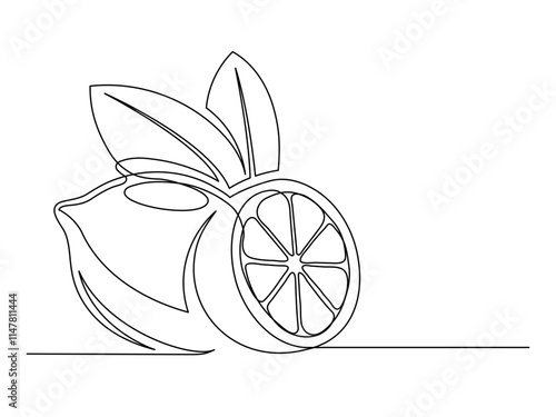 Continuous one line whole and halves lemons with leaf isolated on white background. Simple citrus silhouette. Hand drawn lemon outline. Vector illustration