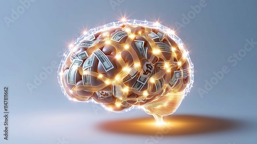 Financial brain with money concept, glowing financial brain in wealth intelligence, futuristic financial brain power for success ,financial brain power, wealth mindset boost ,investment thinking zone