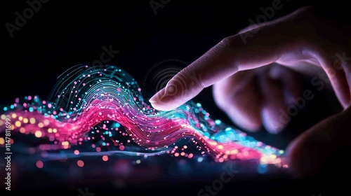 Finger interacting with digital wave data.