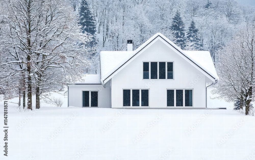 A minimalist white house with large picture windows and snow-covered surroundings in a peaceful winter landscape A minimalist white house with large picture windows and snow-covered surroundings in a peaceful winter landscape