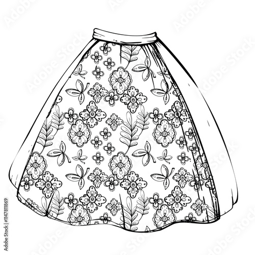 Traditional dress skirt apron of Tyrol, Alps South American peasant female fashion, floral pattern embroidery. Hand drawn ink vector illustration isolated on white. Design travel, vacation, brochure