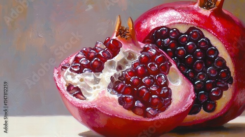 A striking close-up of a pomegranate cut in half, revealing its juicy, jewel-like seeds. The bright red and deep violet hues of the fruit pop against a muted backdrop, making it an eye-catching piece photo