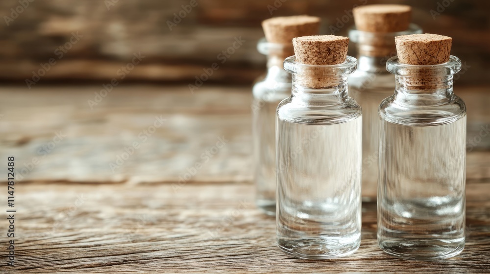 Small Glass Bottles with Cork Tops Filled with Clear Liquid on Wood Small Glass Bottles with Cork Tops Filled with Clear Liquid on Wood