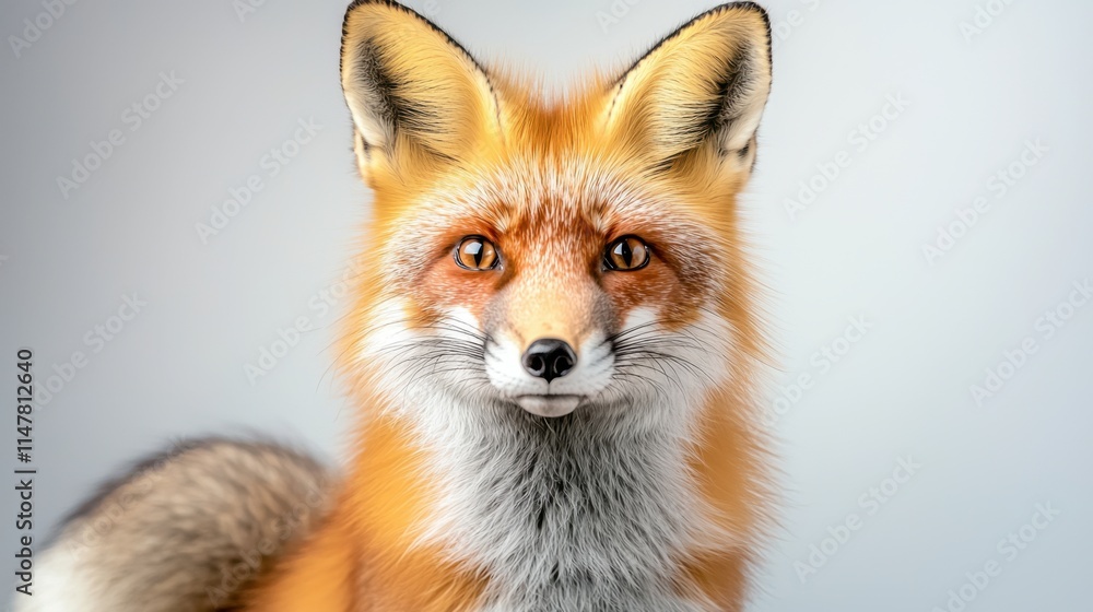 A red fox with a fluffy tail, alert ears, and vibrant fur, sits serenely with piercing eyes gazing directly at the camera against a crisp white studio background. A red fox with a fluffy tail, alert ears, and vibrant fur, sits serenely with piercing eyes gazing directly at the camera against a crisp white studio background.