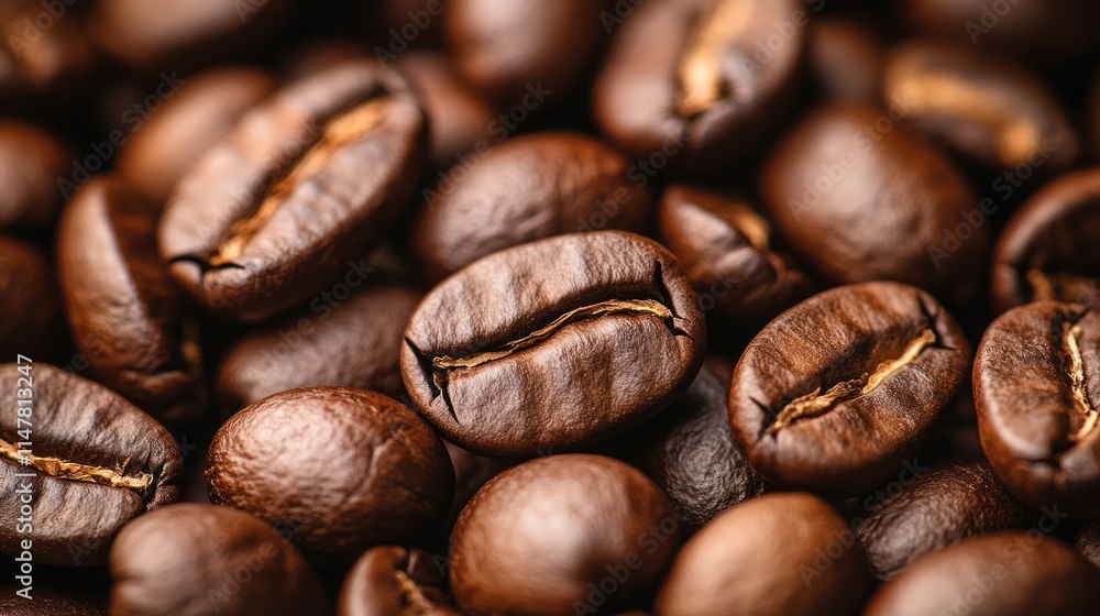 Naklejka premium Roasted Coffee Beans: A Close-Up Macro Photography of Aromatic Coffee Beans
