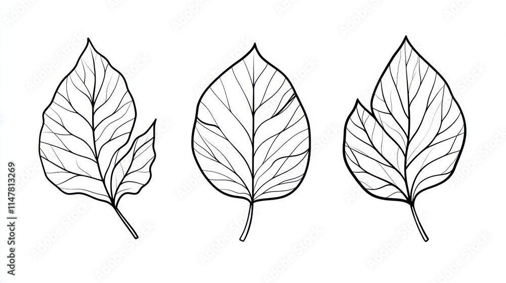 Obraz premium Three line art leaves; botanical, simple, elegant, nature, design elements.
